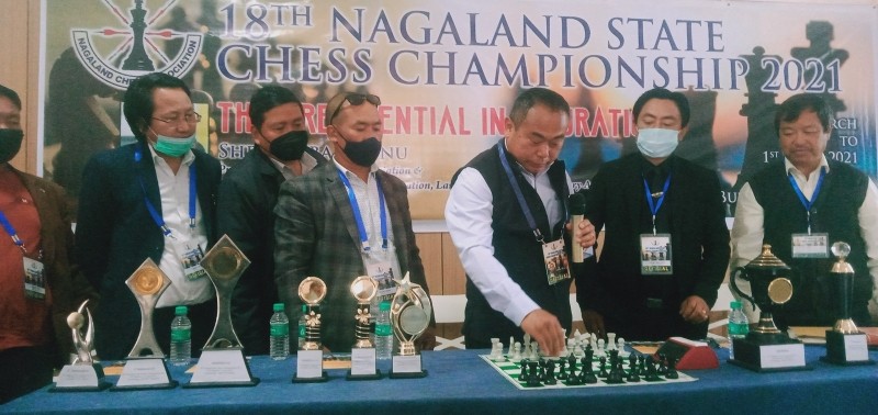 Neiba Kronu declares open the 18th Nagaland State Chess championship in Kohima on March 29. (Morung Photo)